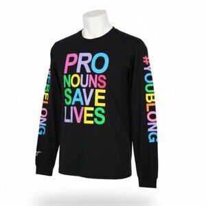 Pronouns Save Lives Rainbow Long Sleeve Graphic Tee Black Bella Canvas Unisex